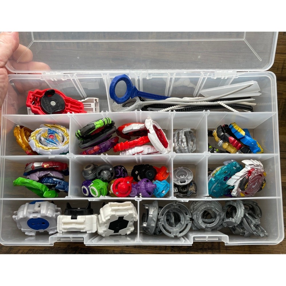 Beyblade Burst Lot with Launchers Rip Cords and Plano Storage Case Multi Color